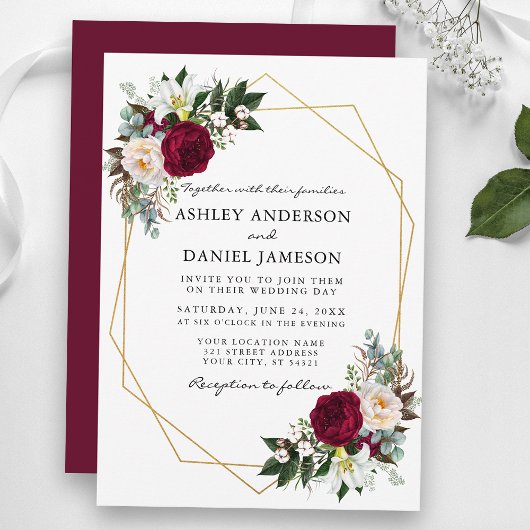 Invitation Bourgogne Floral Greenery Gold Frame Mariage