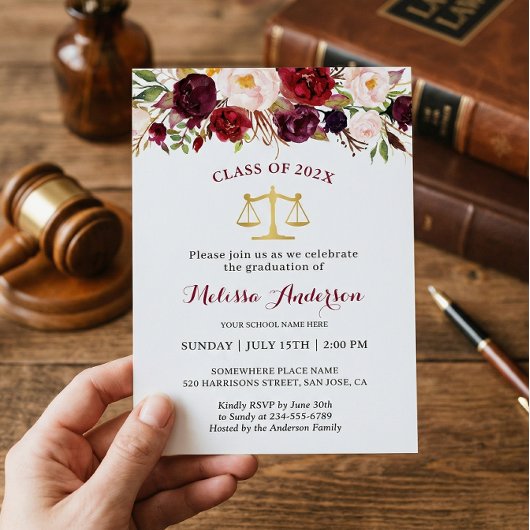 Invitation Bourgogne Floral Law School Graduation Party