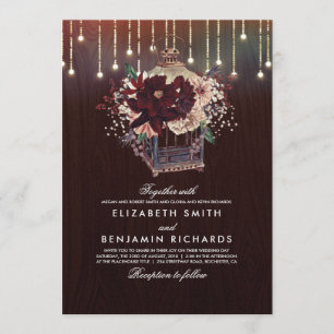 Invitation Bourgogne Floral Lumières Mariage en bois rustique