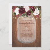 Invitation Bourgogne Floral Lumières Rustique Mariage bois (Devant)