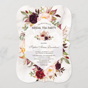 Invitation Bourgogne Floral Marbre Fête des mariées Tea Party