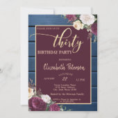 Invitation Bourgogne Floral Navy Blue Wood 30e anniversaire (Devant)
