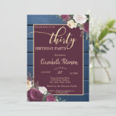 Invitation Bourgogne Floral Navy Blue Wood 30e anniversaire (Debout devant)