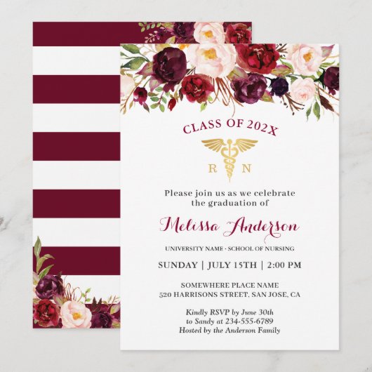 Invitation Bourgogne Floral Nursing School Graduation Party (Devant / Derrière)