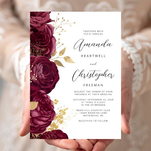 Invitation Bourgogne Floral Or Écriture Mariage