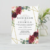 Invitation Bourgogne Floral Or Mariage de verdure géométrique (Debout devant)