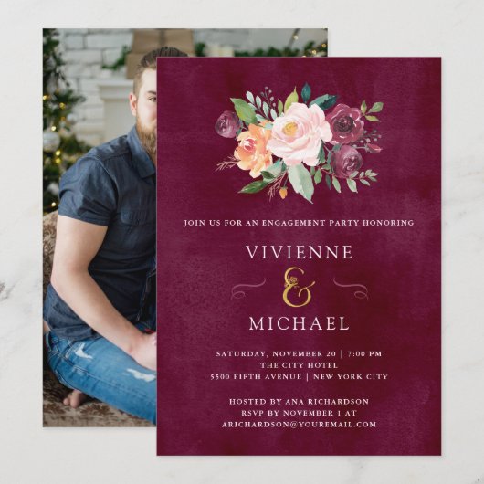 Invitation Bourgogne | Floral Photo Engagement Party (Devant / Derrière)
