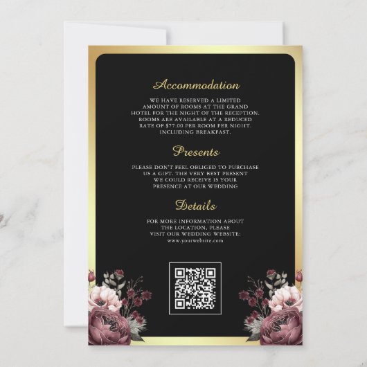 Invitation Bourgogne Floral QR code Black Gold Mariage musulm (Dos)