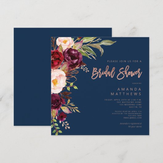 Invitation Bourgogne Floral Rose Gold Navy Fête des mariées b (Devant / Derrière)