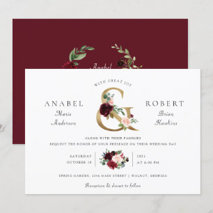 Invitation Bourgogne floral rougissent typographie
