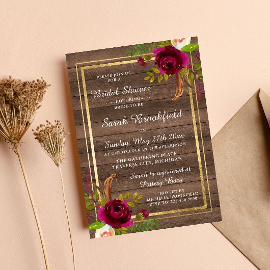 Invitation Bourgogne Floral Rustic Gold Rose Fête des mariées