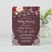 Invitation Bourgogne Floral String Lights Baby shower dentell (Debout devant)