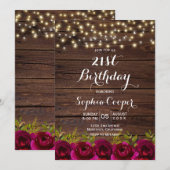 Invitation Bourgogne Floral String Lumières Bois 21e annivers (Devant / Derrière)