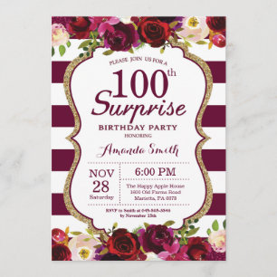 Invitation Bourgogne Floral Surprise 100e fête d'anniversaire
