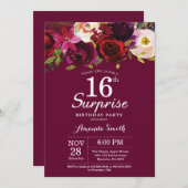 Invitation Bourgogne Floral Surprise 16ème anniversaire (Devant / Derrière)