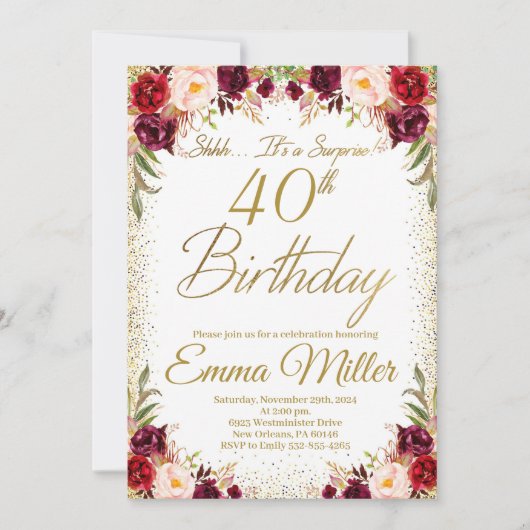 Invitation Bourgogne Floral Surprise 40e anniversaire (Devant)