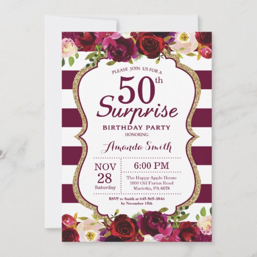 Invitation Bourgogne Floral Surprise 50e fête d'anniversaire (Devant)