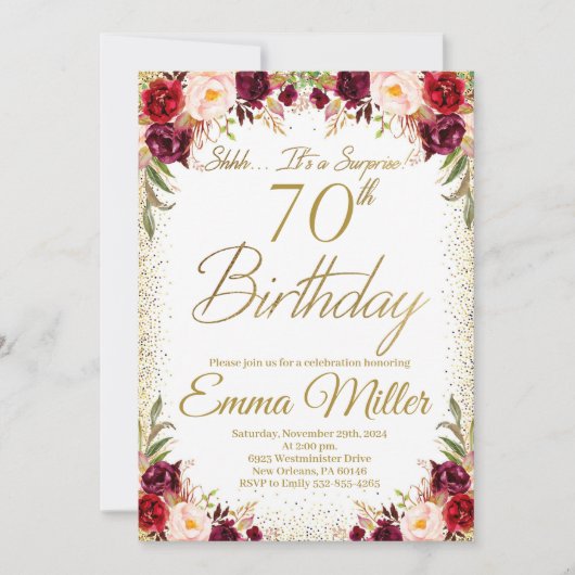 Invitation Bourgogne Floral Surprise 70e anniversaire (Devant)