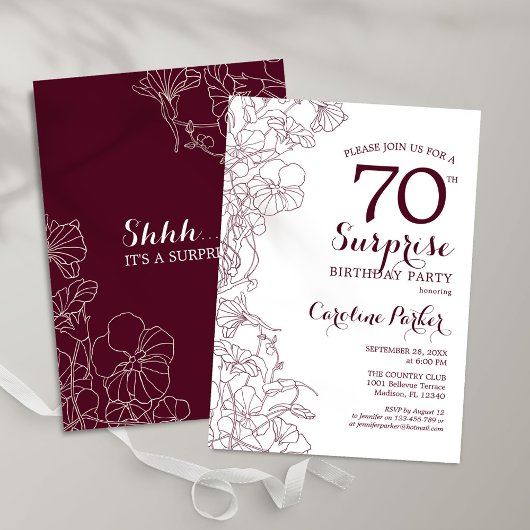 Invitation Bourgogne Floral Surprise 70e fête d'anniversaire