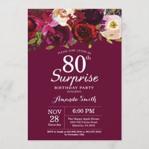 Invitation Bourgogne Floral Surprise 80e anniversaire