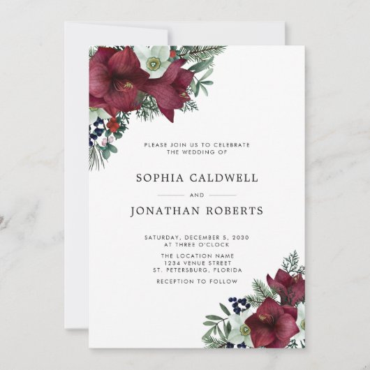 Invitation Bourgogne Floral Vacances Verdure Mariage d'hiver (Devant)