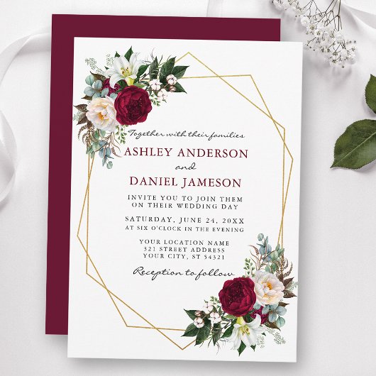 Invitation Bourgogne Floral Verdure Or Mariage B