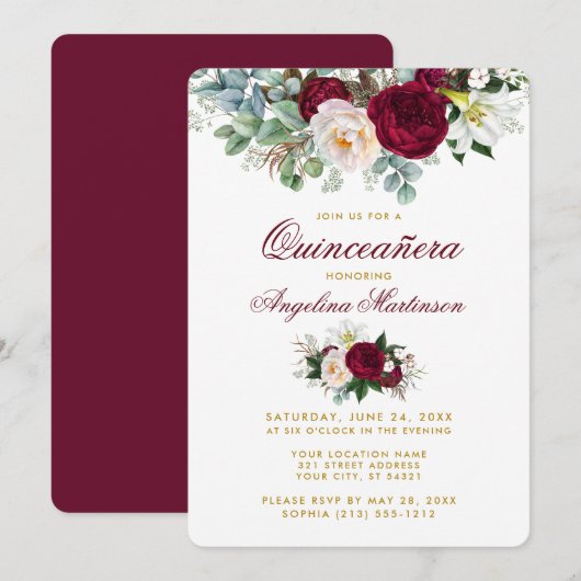 Invitation Bourgogne Floral Verdure Or Quinceanera (Devant / Derrière)