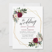 Invitation Bourgogne Floral Vert Calligraphie Mariage Or (Devant)