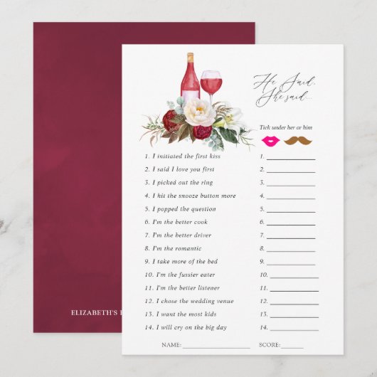 Invitation Bourgogne Floral Vin Dégustation Fête des mariées  (Devant / Derrière)