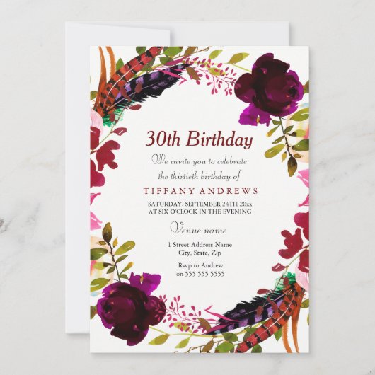 Invitation Bourgogne Floral Wreath 30e anniversaire Invitatio (Devant)