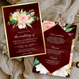 Invitation Bourgogne florale rose rousse Tout en un Mariage