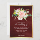 Invitation Bourgogne florale rose rousse Tout en un Mariage (Devant)