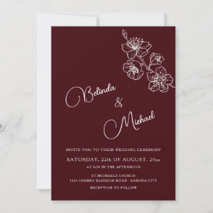 Invitation Bourgogne Foncé Floral Blanc Photo Mariage