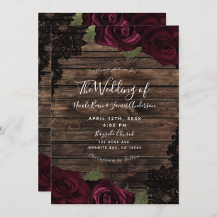 Invitation Bourgogne foncée Rose bois noir Mariage dentelle n