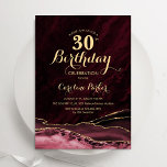 Invitation Bourgogne Gold Agate 30e anniversaire<br><div class="desc">Bourgogne et or agate 30e anniversaire invitation fête. Design élégant et moderne avec vin de marsala, arrière - plan de géode de marbre d'aquarelle rouge foncé, or de parties scintillant faux et police de script de typographie. Carte invitation branchée parfaite pour une célébration anniversaire féminine élégante. Invitations Zazzle imprimées ou...</div>