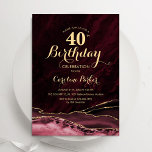 Invitation Bourgogne Gold Agate 40e anniversaire<br><div class="desc">Bourgogne et or agate 40e anniversaire invitation fête. Design élégant et moderne avec vin de marsala, arrière - plan de géode de marbre d'aquarelle rouge foncé, or de parties scintillant faux et police de script de typographie. Carte invitation branchée parfaite pour une célébration anniversaire féminine élégante. Invitations Zazzle imprimées ou...</div>