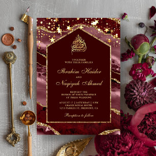 Invitation Bourgogne Gold Agate Marble Arch Mariage musulman