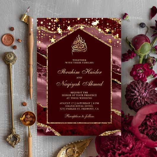 Invitation Bourgogne Gold Agate Marble Arch Mariage musulman