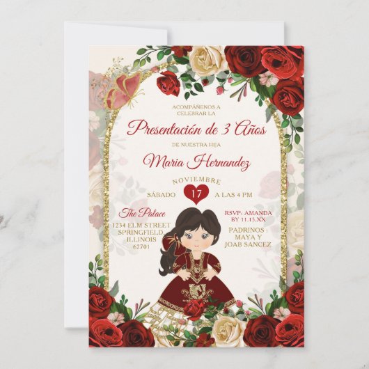 Invitation Bourgogne Gold Boho Espagnol Tres Añ os Floral (Devant)