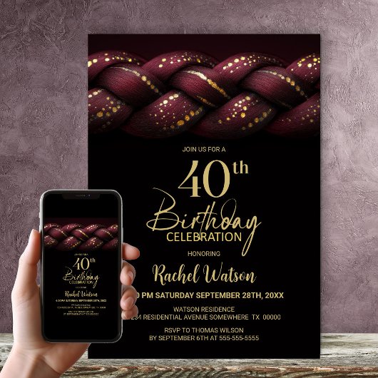 Invitation Bourgogne Gold Braid 40e fête d'anniversaire