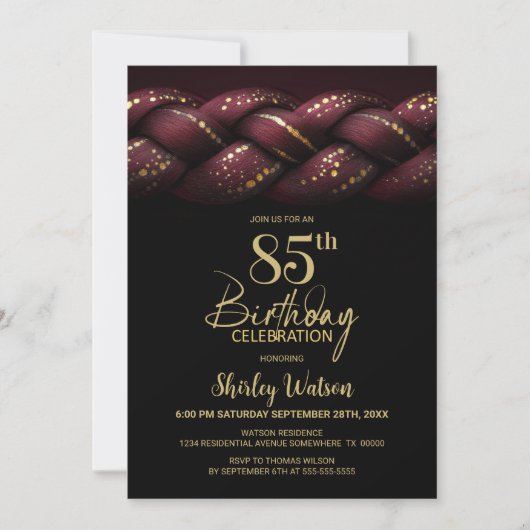Invitation Bourgogne Gold Braid 85e fête d'anniversaire (Devant)