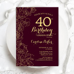 Invitation Bourgogne Gold Floral 40e fête d'anniversaire<br><div class="desc">Bourgogne Gold Floral 40e anniversaire de fête Invitation. Design minimaliste moderne marron avec accents de dessin botanique, faux feuille d'or et police de script de typographie. Carte invitation simple et tendance, parfaite pour une célébration anniversaire élégante. Peut être customisé à n'importe quel âge. Invitations Zazzle imprimées ou téléchargement instantané modèle...</div>