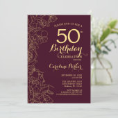 Invitation Bourgogne Gold Floral 50e fête d'anniversaire (Debout devant)