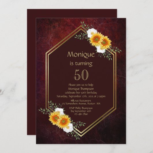 Invitation Bourgogne Gold Floral 50e fête d'anniversaire (Devant / Derrière)