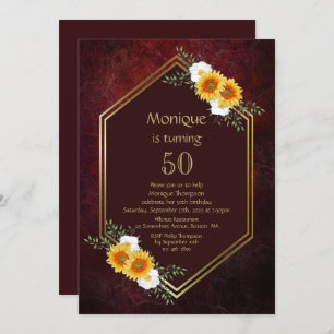 Invitation Bourgogne Gold Floral 50e fête d'anniversaire