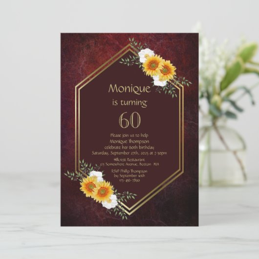 Invitation Bourgogne Gold Floral 60e fête d'anniversaire (Debout devant)