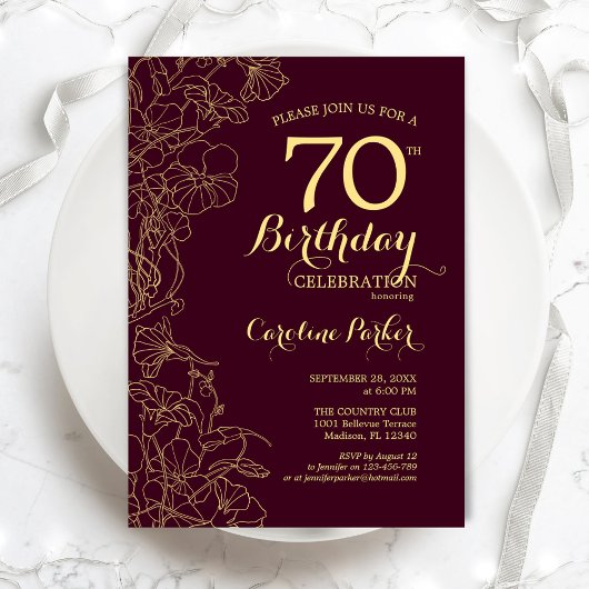 Invitation Bourgogne Gold Floral 70e fête d'anniversaire