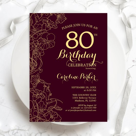 Invitation Bourgogne Gold Floral 80e fête d'anniversaire