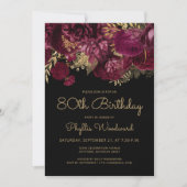 Invitation Bourgogne Gold Floral 80e fête d'anniversaire (Devant)