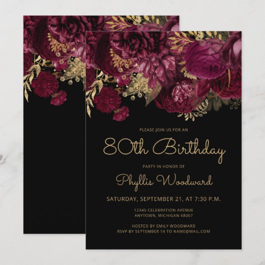Invitation Bourgogne Gold Floral 80e fête d'anniversaire (Devant / Derrière)